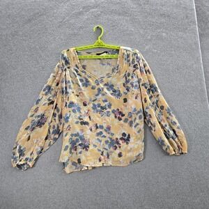 Zac & Rachel Woman Women Blouse 2X Yellow Floral Pleated V-Neck Pullover